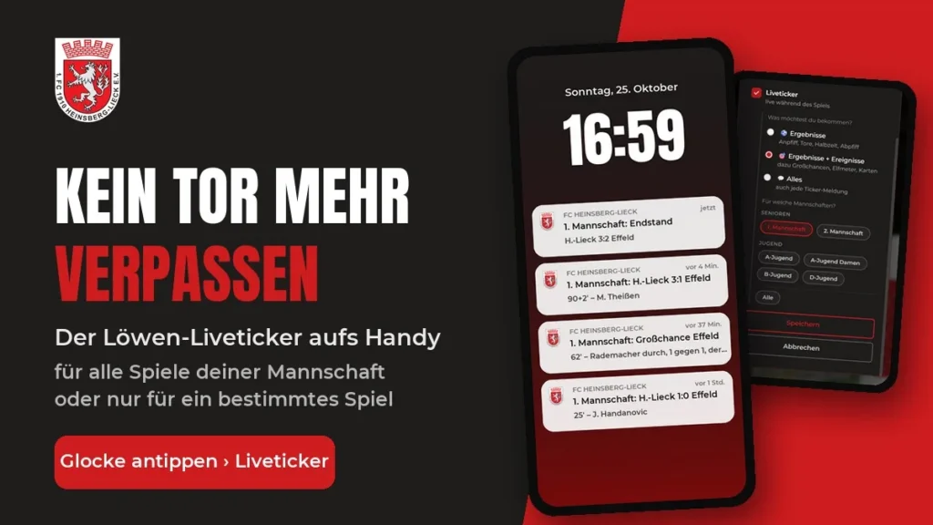 Handy mit Liveticker-Benachrichtigungen vom Spiel der 1. Mannschaft und dem Liveticker-Menü